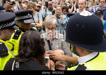 Londres, Royaume-Uni. Août 31, 2019. Un policier menottes un membre du Parti Vert de l'assemblée de Londres, pendant les manifestations.Des milliers de personnes se sont rassemblées à travers le pays pour protester contre Boris Johnson prorogeant le Parlement. Credit : SOPA/Alamy Images Limited Live News Banque D'Images