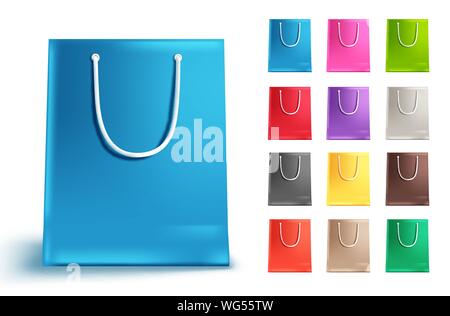 Sacs shopping vector set isolé en blanc. Sac de papier coloré de bleu et de collecte d'autres couleurs pour le shopping et les éléments de conception du marché. Vector Illustration de Vecteur