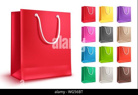 Sac shopping coloré vector set. Sacs en papier vide pour faire du shopping et de la mode avec des couleurs rouge et d'autres isolés en fond blanc. Vector Illustration de Vecteur