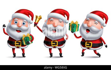 Le père noël jeu de caractère vectoriel holding christmas gifts, Bell et surprise avec sourire et parler tout en levant les mains pour les éléments de Noël Illustration de Vecteur