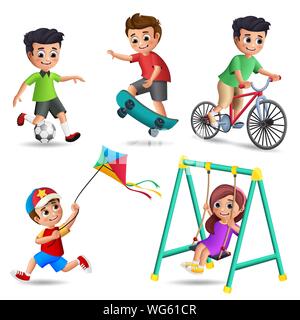 Les enfants jouant ensemble de caractères vectoriels. Les jeunes garçons et filles jouant avec plaisir des activités de plein air et les sports comme le soccer, skate, kite, swing Illustration de Vecteur