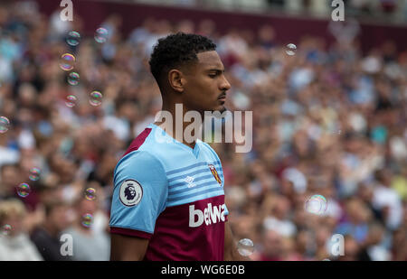 Londres, Royaume-Uni. Août 31, 2019. Sébastien Haller de West Ham United au cours de la Premier League match entre West Ham United et Norwich City au Parc olympique, Londres, Angleterre le 31 août 2019. Photo par Andy Rowland. Credit : premier Media Images/Alamy Live News Banque D'Images