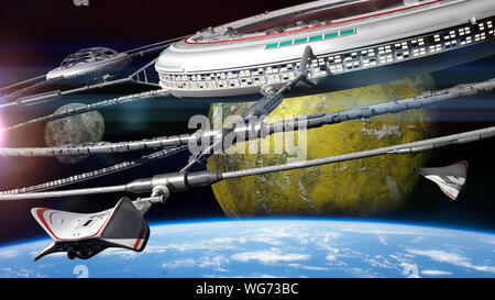 La station spatiale et les engins spatiaux en orbite d'une planète étrangère habitables, trouver de la vie dans l'espace profond Banque D'Images