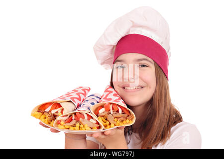 Happy girl cook avec gyros on plate Banque D'Images