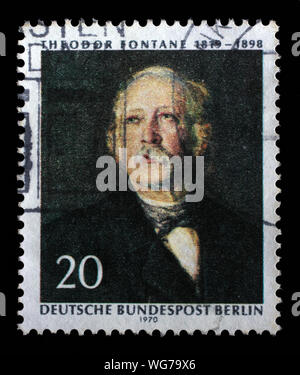 Timbre émis en Allemagne - Berlin montre Theodor Fontane (1819-1898), poète et écrivain, 150e anniversaire, vers 1970. Banque D'Images