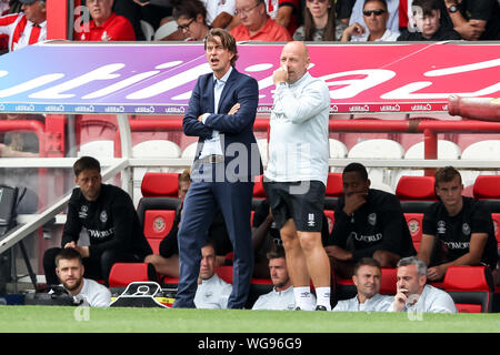 Londres, Royaume-Uni. Août 31, 2019. Brentford Manager Thomas Frank au cours de l'EFL Sky Bet Championship match entre Brentford et Derby County à Griffin Park, Londres, Angleterre le 31 août 2019. Photo de Ken d'Étincelles. Usage éditorial uniquement, licence requise pour un usage commercial. Aucune utilisation de pari, de jeux ou d'un seul club/ligue/dvd publications. Credit : UK Sports Photos Ltd/Alamy Live News Banque D'Images