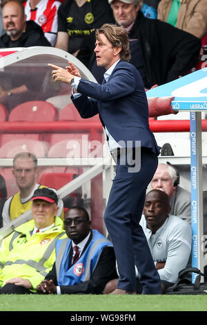 Londres, Royaume-Uni. Août 31, 2019. Brentford Manager Thomas Frank au cours de l'EFL Sky Bet Championship match entre Brentford et Derby County à Griffin Park, Londres, Angleterre le 31 août 2019. Photo de Ken d'Étincelles. Usage éditorial uniquement, licence requise pour un usage commercial. Aucune utilisation de pari, de jeux ou d'un seul club/ligue/dvd publications. Credit : UK Sports Photos Ltd/Alamy Live News Banque D'Images