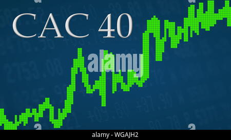 L'indice boursier français CAC 40 est en hausse. Le graphique vert à côté du CAC 40 d'argent titre sur fond bleu est montrant vers le haut et de... Banque D'Images