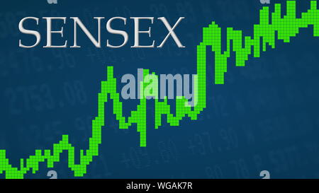 La BSE SENSEX index de la bourse de Bombay Stock Exchange est à la hausse. Le graphique vert à côté du titre SENSEX argent sur fond bleu apparaît. Banque D'Images