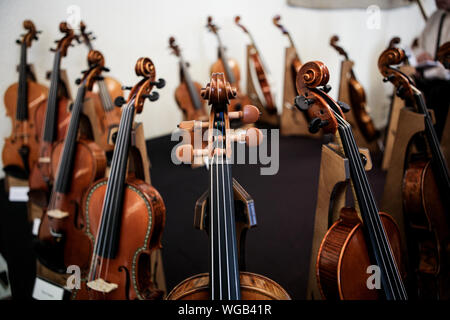 Plus de détails avec la molette, le chevillier, cordes, chevilles, cou et une touche d'un violon avant un concert de musique classique symphonique Banque D'Images