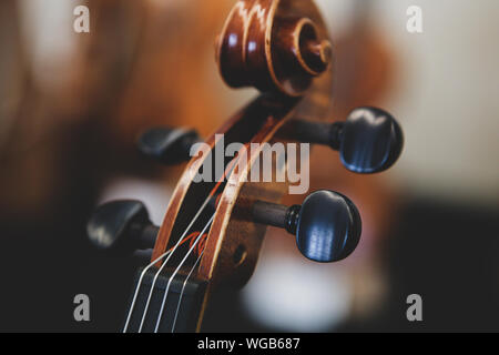 Plus de détails avec la molette, le chevillier, cordes, chevilles, cou et une touche d'un violon avant un concert de musique classique symphonique Banque D'Images