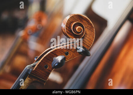 Plus de détails avec la molette, le chevillier, cordes, chevilles, cou et une touche d'un violon avant un concert de musique classique symphonique Banque D'Images