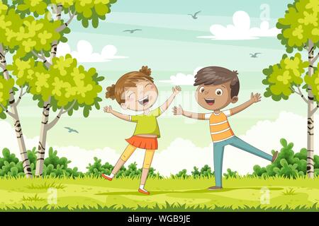 Deux enfants heureux dans le jardin. Funny cartoon caractère dessiné à la main. Illustration de Vecteur