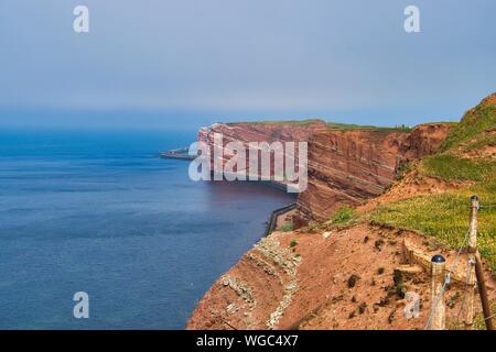 La côte de l'île de Helgoland - Ciel bleu et bleu vert - mer du Nord en face de fleurs Banque D'Images