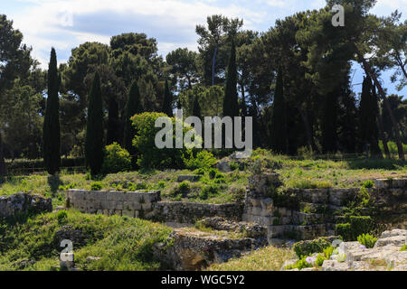 Vieux cultivé avec des escaliers d'herbe des ruines anciennes d'Anfiteatro Romano Syracuse Banque D'Images