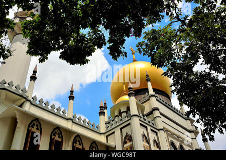 Vue en perspective du dôme doré et les minarets de la mosquée Masjid Sultan en arabe historique Street, Singapour contre ciel tropical bleu et entourée d'arbres Banque D'Images