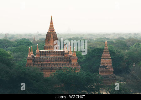 Vue sur les pagodes et stupas de l'ancienne Bagan temple complexe au lever du soleil, heure d'or au Myanmar. Banque D'Images
