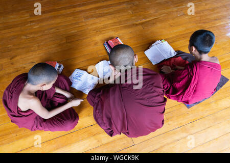 Inle, Myanmar - Avril 2019 : les moines novices birmane la lecture de livres dans le monastère Banque D'Images