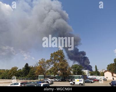 30 août 2019 - Bucarest, Roumanie. Le feu de la baie industrielle de la rue Biharia le 30 août 2019 Banque D'Images