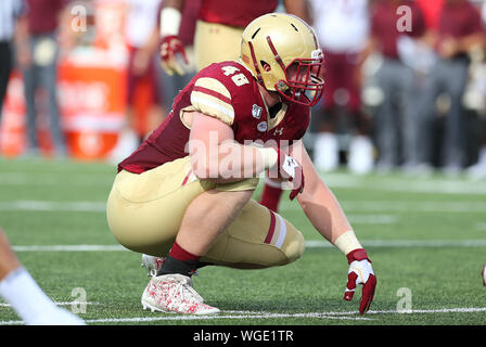 31 août 2019, Chestnut Hill, MA, USA ; Boston College Eagles joueur défensif Karafa Tanner (48) au cours de la NCAA football match entre Virginia Tech Hokies et Boston College Eagles à Alumni Stadium. Anthony Nesmith/CSM Banque D'Images