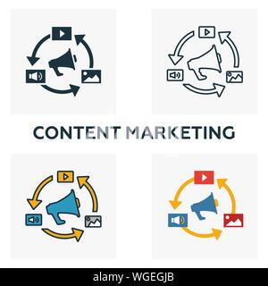 Marketing de contenu icon set. Quatre éléments dans diférents styles à partir d'icônes contenu collection. Marketing de contenu créatif rempli d'icônes de couleur, Contours, Illustration de Vecteur