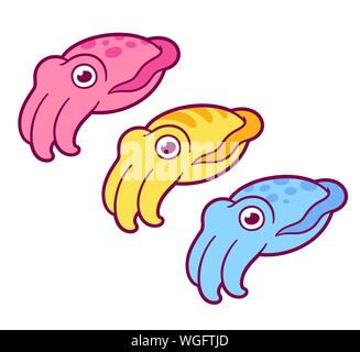 Cute cartoon seiche. Kawaii seiche dessin dans différentes couleurs, isolé vector clip art illustration. Illustration de Vecteur