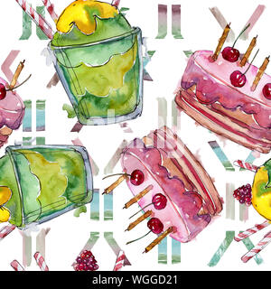 Délicieux gâteau dans un style aquarelle. Illustration à l'aquarelle. Motif de fond transparent. Banque D'Images
