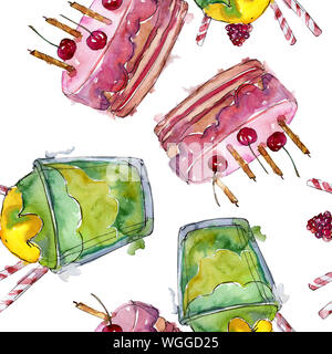 Délicieux gâteau dans un style aquarelle. Illustration à l'aquarelle. Motif de fond transparent. Banque D'Images
