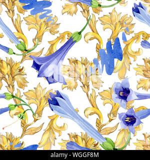 Brugmansia bleu fleurs botanique floral. Contexte aquarelle illustration set. Motif de fond transparent. Banque D'Images