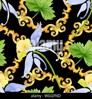 Bleu Jaune floral fleurs botanique brugmansia. Contexte aquarelle illustration set. Motif de fond transparent. Banque D'Images