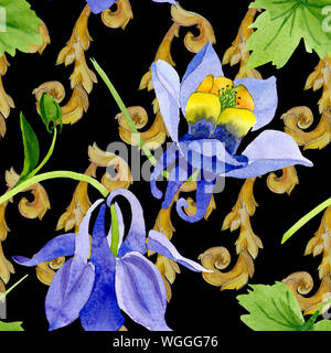 Bleu Jaune floral fleurs botanique brugmansia. Contexte aquarelle illustration set. Motif de fond transparent. Banque D'Images