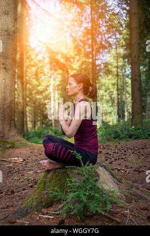 Femme assise sur une souche d'arbre dans une forêt méditer, pratiquer le yoga. Banque D'Images