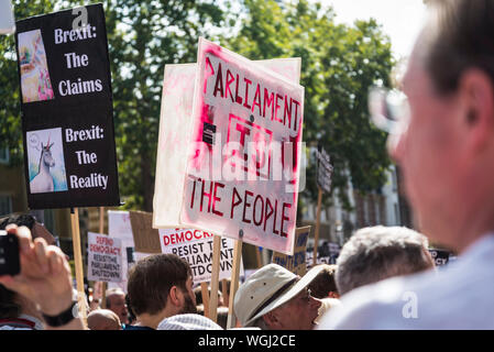 Les manifestants devant Downing street, protester contre la suspension du Parlement, London, UK, 31/08/2019 Banque D'Images