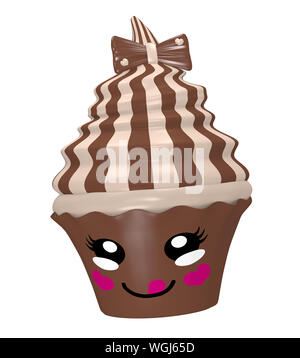 Cute cupcake chocolat Nougat chocolat avec arc et rire en face de style kawaii. 3D render Banque D'Images