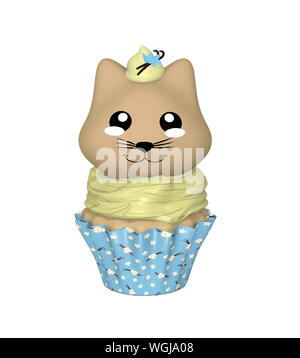 Cupcake à la vanille avec kitty en style kawaii. 3D render Banque D'Images