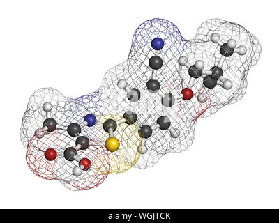 La goutte du fébuxostat (molécule du médicament inhibiteur de la xanthine oxydase). Le rendu 3D. Les atomes sont représentés comme des sphères avec codage couleur classiques : l'hydrogène (w Banque D'Images