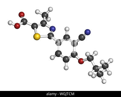 La goutte du fébuxostat (molécule du médicament inhibiteur de la xanthine oxydase). Le rendu 3D. Les atomes sont représentés comme des sphères avec codage couleur classiques : l'hydrogène (w Banque D'Images