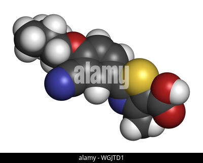 La goutte du fébuxostat (molécule du médicament inhibiteur de la xanthine oxydase). Le rendu 3D. Les atomes sont représentés comme des sphères avec codage couleur classiques : l'hydrogène (w Banque D'Images