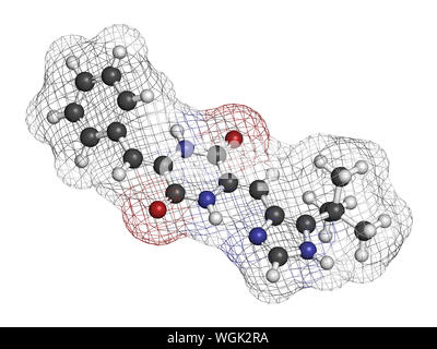 Plinabulin molécule des médicaments contre le cancer. Le rendu 3D. Les atomes sont représentés comme des sphères classiques avec codage couleur : blanc (hydrogène), carbone (gris), nitro Banque D'Images