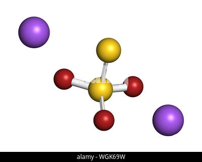 Le thiosulfate de sodium, la structure chimique. Le rendu 3D. Les atomes sont représentés comme des sphères classiques avec codage couleur : soufre (jaune), l'oxygène (rouge), Banque D'Images