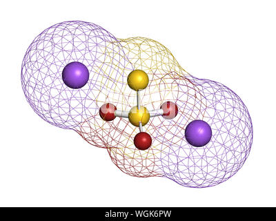 Le thiosulfate de sodium, la structure chimique. Le rendu 3D. Les atomes sont représentés comme des sphères classiques avec codage couleur : soufre (jaune), l'oxygène (rouge), Banque D'Images