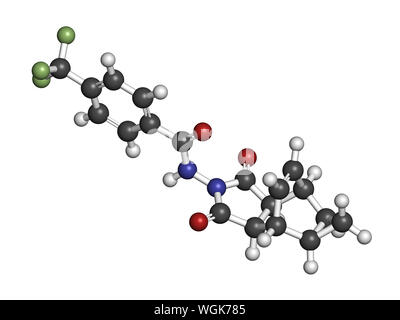 Tecovirimat molécule médicament antiviral. Le rendu 3D. Les atomes sont représentés comme des sphères classiques avec codage couleur : blanc (hydrogène), carbone (gris), n Banque D'Images