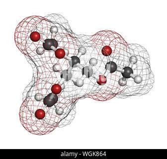 Triacétate de glycéryle (glycérine) molécule. Le rendu 3D. Les atomes sont représentés comme des sphères classiques avec codage couleur : blanc (hydrogène), carbone (gre Banque D'Images