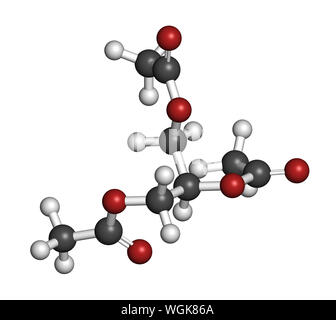 Triacétate de glycéryle (glycérine) molécule. Le rendu 3D. Les atomes sont représentés comme des sphères classiques avec codage couleur : blanc (hydrogène), carbone (gre Banque D'Images