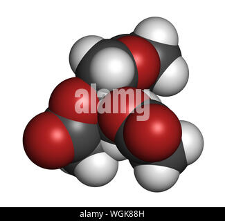 Triacétate de glycéryle (glycérine) molécule. Le rendu 3D. Les atomes sont représentés comme des sphères classiques avec codage couleur : blanc (hydrogène), carbone (gre Banque D'Images