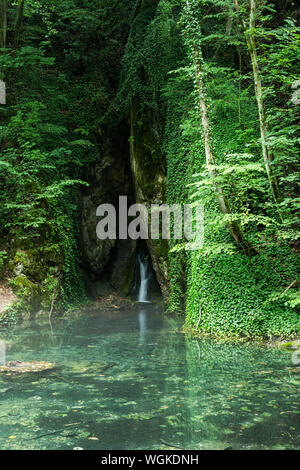 Rock Spring Szikla-forrás avec brouillard sur l'eau dans le Parc National, Bükki-völgy Szalajka Vallée Szalajka, Hongrie Banque D'Images