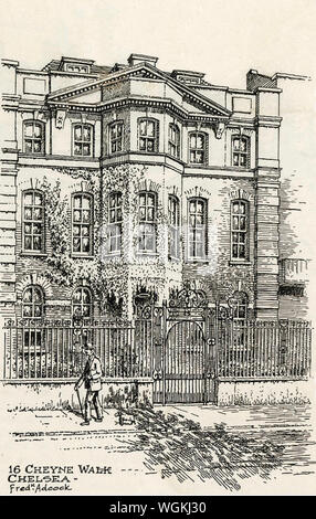 DANTE GABRIEL ROSSETTI (1828-1882) poète et peintre britannique. Sa maison à 16 Cheyne Walk about 1912 - partie d'une série de maisons de notables dessiné par Frederick Adcock à cette période. Banque D'Images