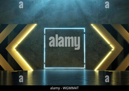 Le rendu 3D de néon bleu place entourée de dangers d'avertissement jaune forme sur grunge marbre Banque D'Images