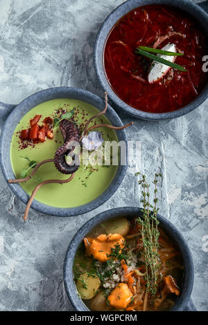 Les plaques gris avec des soupes différentes sur un fond gris. La plaque avec la Soupe aux asperges avec octopus, une assiette de bortsch traditionnel avec de la crème, une plaque Banque D'Images