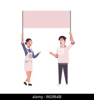 Deux manifestants holding blank placard homme femme avec des militants signe vide concept grève manifestation de protestation bannière pleine longueur à plat Illustration de Vecteur